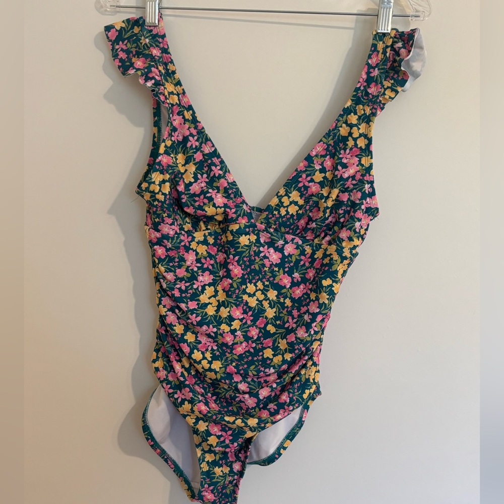 Kona Sol Teal Floral One-Piece Swimsuit with Pink & Yellow Blooms